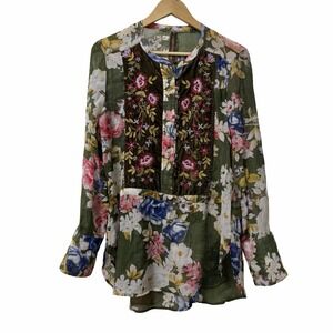 Aratta Silent Journey‎ Floral Velvet Embroidered Blouse Top Size M Boho Peasant